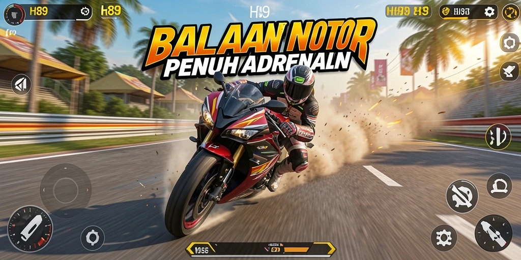 Screenshot H89 menunjukkan aksi balapan motor yang mendebarkan.