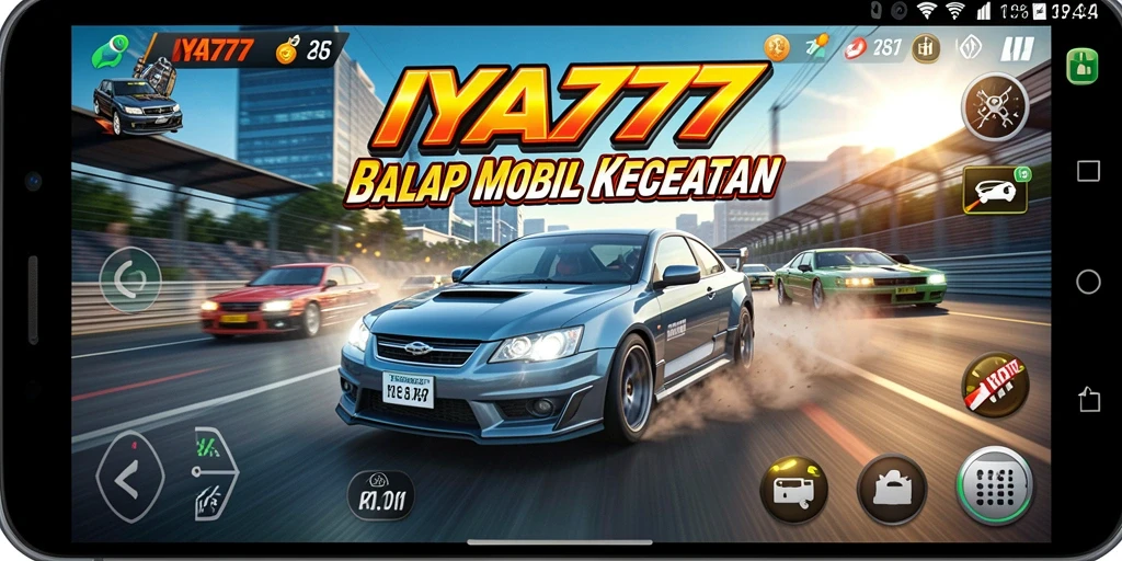 Screenshot gameplay IYA777 menampilkan aksi balap mendebarkan dengan mobil yang melaju kencang.