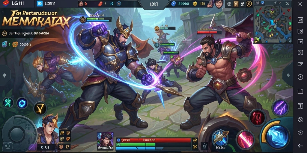 Screenshot gameplay LG111 menampilkan pertarungan MOBA yang intens.