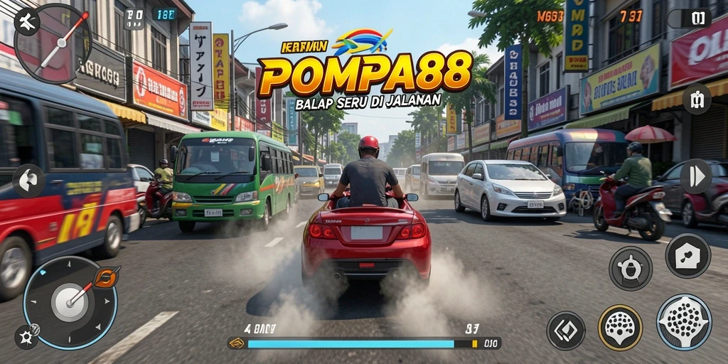 Tampilan gameplay seru dari balapan POMPA88 di jalur menantang.
