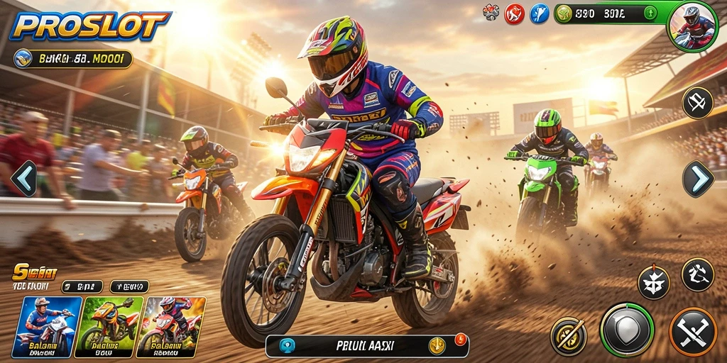 Tampilan aksi gameplay balap motor di PROSLOT yang memukau.
