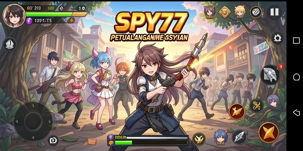 Tangkapan layar gameplay SPY77 yang menampilkan pertarungan anime yang seru.